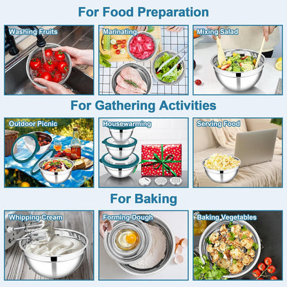 E-far Mixing Bowls Set of 5, Stainless Steel Salad Mixing Bowl with Transparent Lid, Metal Nesting Bowl Attach with 3 Graters for Kitchen Prepping/Serving/Baking/Storage, 4.6/2.6/1.5/1/0.7 QT - Black