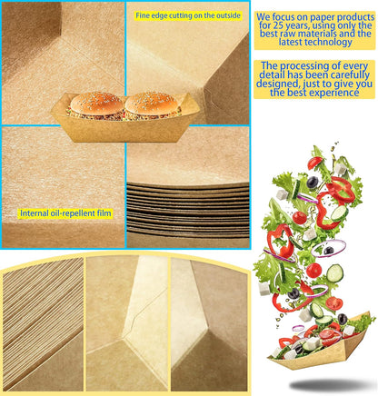 100 Pack 2lb Paper Food Trays, Heavy-Duty Paper Food Boat Disposable Serving Basket Tray for French Fries Nachos Snack Hot Dog Taco BBQ Popcorn Party Picnic Wedding Party (Brown)