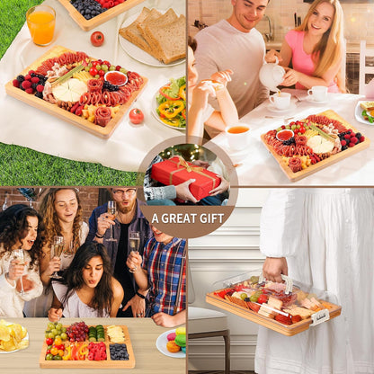 CAWIU Portable Travel Charcuterie Board with Lid and Handle - Large Bamboo Cheese Board with 4 Cheese Knife Set for Outdoor, Picnics - Weddings, House Warming Gift for Women (1 Compartment, White)