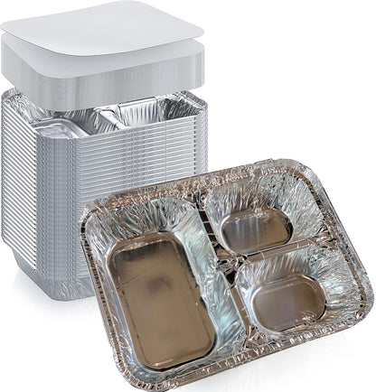 Disposable Aluminum Foil Tray with Paper Board Lids (Case of 250 sets) – L 8 1/2" x W 6 1/2" x H 1 1/2" 3-Compartment Foil Pan