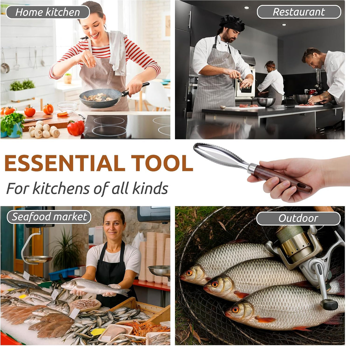 DUGATO Fish Scale Remover, Stainless Steel Scaler with Wood Handle