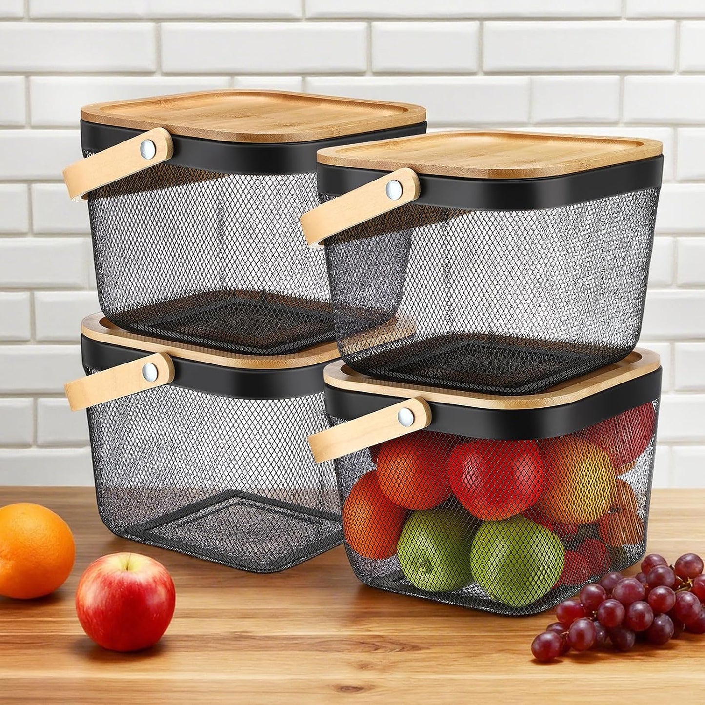 Maxdot 4 Pcs Metal Wire Mesh Fruit Basket with Lid and Handles Black Harvest Basket Fly-proof Fresh Vegetable Storage Bins Stackable for Gathering Kitchen Garden Picnic Shopping 9.6 x 9.6 x 7 Inch