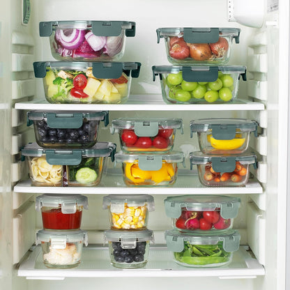 COOK WITH COLOR Premium 32-Pc. Borosilicate Glass Food Container Set with Dividers - 4 Rectangles, 8 Rounds, 4 Squares - Leakproof Lids - Meal Prep, Storage, Fluted Ombre Green
