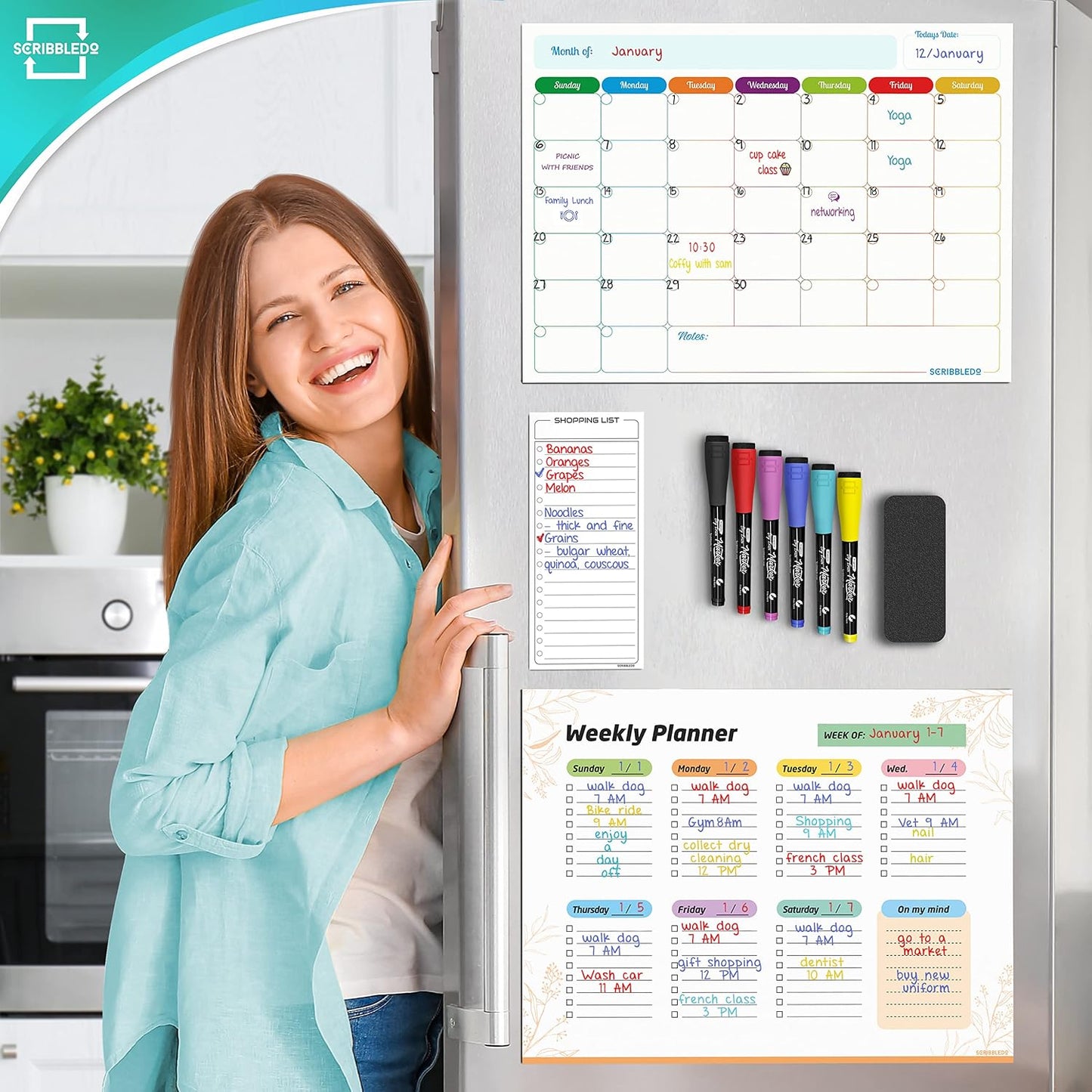 Monthly Planner (Pack of 3) Magnetic Whiteboard Refrigerator Calendar Dry Erase Weekly Planner Magnetic Calendar for Fridge to Do List White Board Dry Erase Shopping Grocery List 6 Markers Included