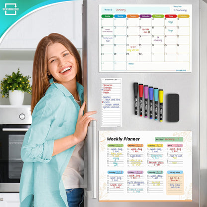 Monthly Planner (Pack of 3) Magnetic Whiteboard Refrigerator Calendar Dry Erase Weekly Planner Magnetic Calendar for Fridge to Do List White Board Dry Erase Shopping Grocery List 6 Markers Included