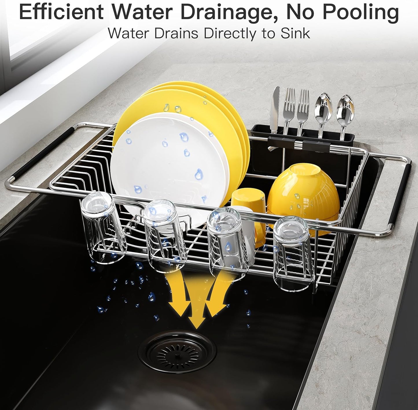 JASIWAY Dish Drying Rack in Sink, Expandable Stainless Steel Dish Drainers for Kitchen Counter, Dish Dryer Rack for Inside Sink, Over The Sink Dish Racks with Utensil Holder, Silver