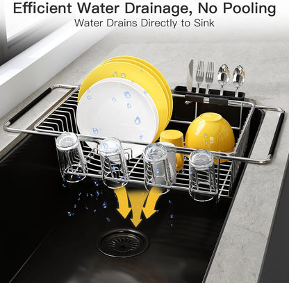 JASIWAY Dish Drying Rack in Sink, Expandable Stainless Steel Dish Drainers for Kitchen Counter, Dish Dryer Rack for Inside Sink, Over The Sink Dish Racks with Utensil Holder, Silver