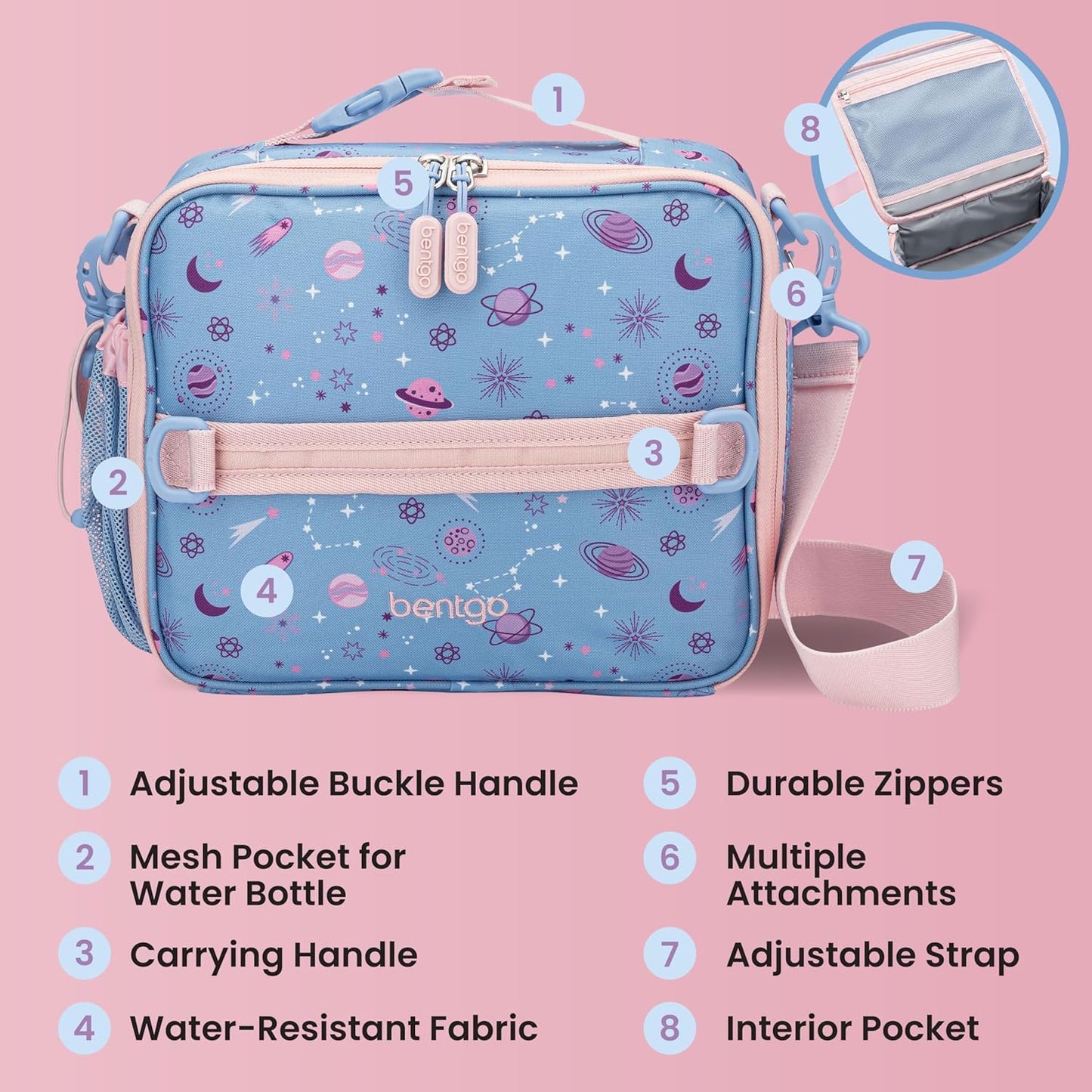Bentgo Kids Lunch Bag - Durable, Double-Insulated Lunch Bag for Kids 3+; Holds Lunch Box, Water Bottle, & Snacks; Easy-Clean Water-Resistant Fabric & Multiple Zippered Pockets (Mermaid)