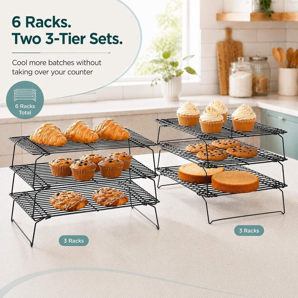 Kingrol 6-Piece Stackable Cooling Racks for Baking, Two 3-Tier Sets
