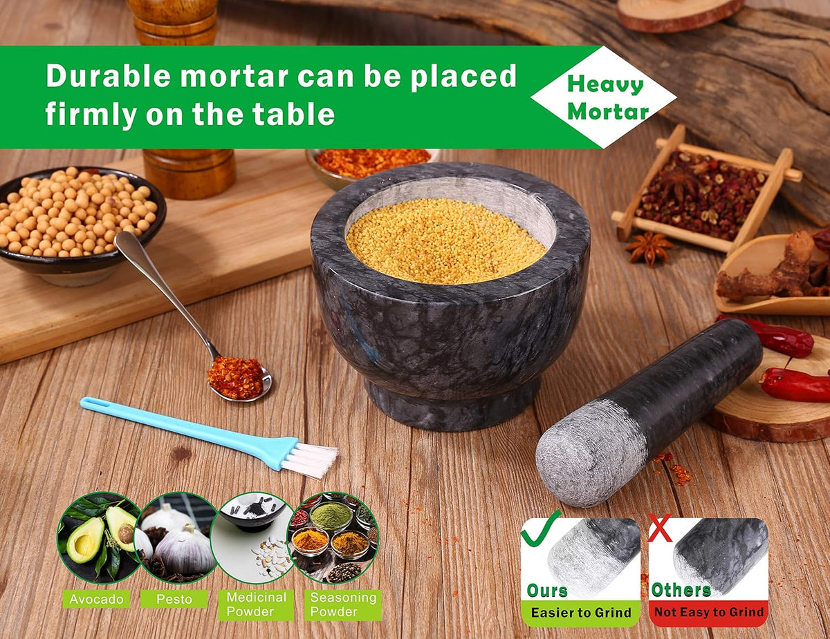 Mortar and Pestle Set Polished Natural Marble Guacamole Molcajete Bowl, Spices Grinder with Silicone Pad, Stainless Steel Spoon and Brush, 300ml Capacity Crusher(Medium, Dark Gray)