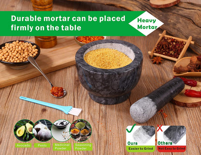 Mortar and Pestle Set Polished Natural Marble Guacamole Molcajete Bowl, Spices Grinder with Silicone Pad, Stainless Steel Spoon and Brush, 300ml Capacity Crusher(Medium, Dark Gray)