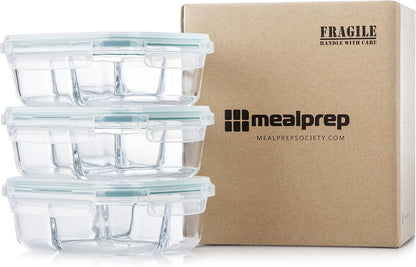 Glass Meal Prep Containers - 3-Compartment Glass Food Storage with Lids - Divided Lunch Containers - Bento Box
