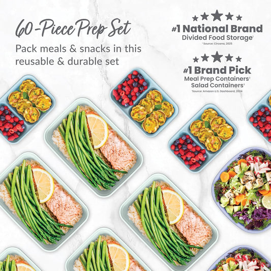 Bentgo Prep 60-Piece Variety Meal Prep Kit - Reusable PFAS & BPA-Free Food Containers 1-Compartment Trays, Prep Bowls, & Snack Boxes - Microwave, Freezer, & Dishwasher Safe (Rich Shades)