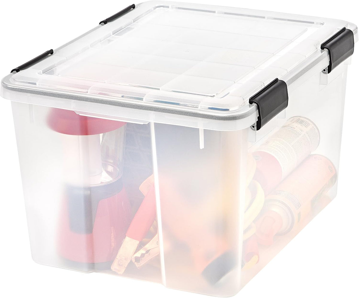 IRIS USA WeatherPro Storage Bins with Lids, 47 Qt, Gasket Seal, 2 Pack | Airtight gasket helps protect clothing, shoes, crafts, keepsakes, and household supplies from moisture and dust.