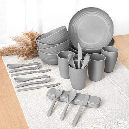 FOODLE Wheat Straw Dinnerware Set - BPA Free & Safety Tested - Microwave & Dishwasher Safe Dishes - Perfect for Camping, Picnic, RV, Dorm - Plates, Cups and Bowls - Great for Kids & Adults - For 4