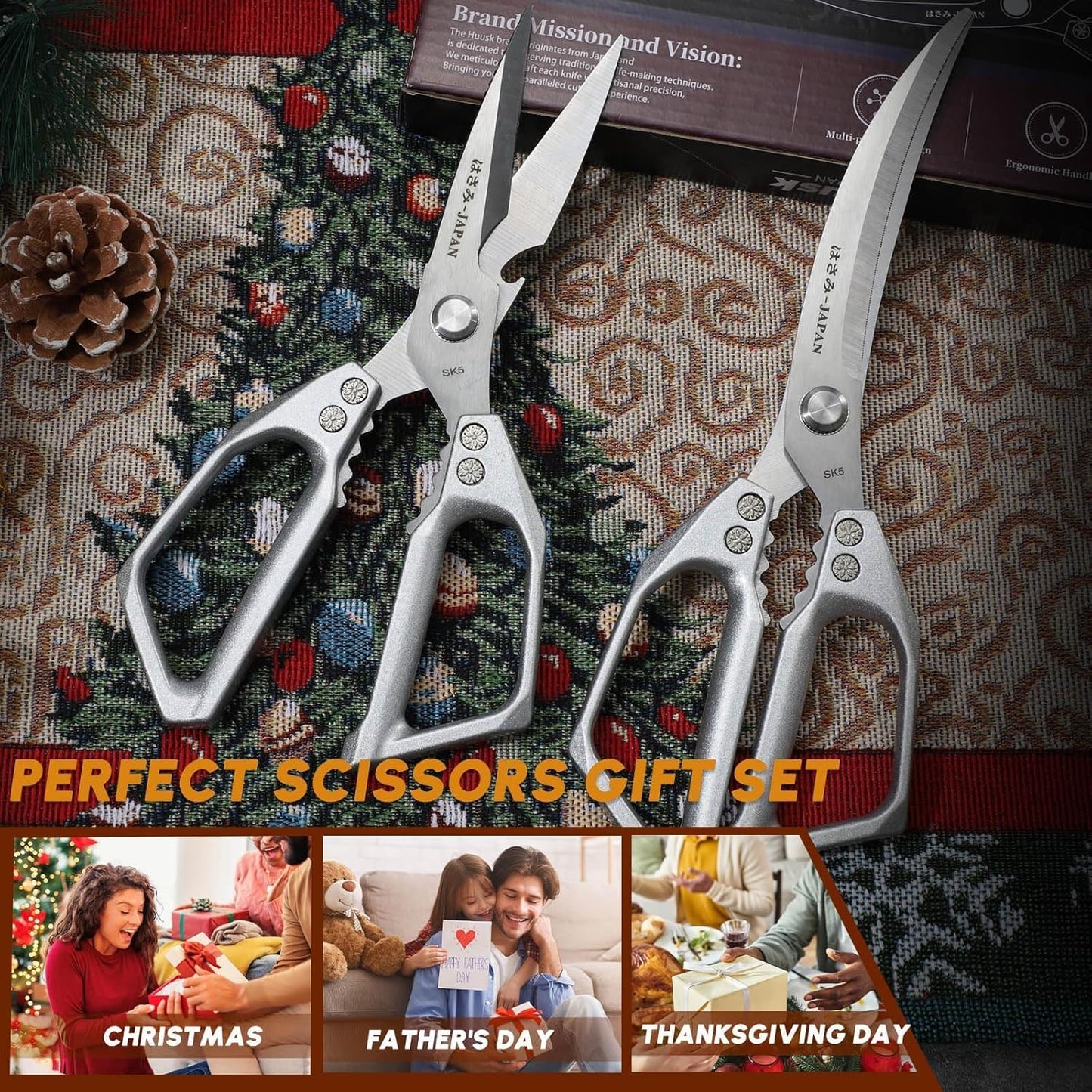 HUUSK Kitchen Scissors Set Silver - Stainless Steel Kitchen Shear, Sharp Meat Scissors, Heavy Duty Poultry Shears, Japanese Cooking Scissor for Food, Gifts for Men Women