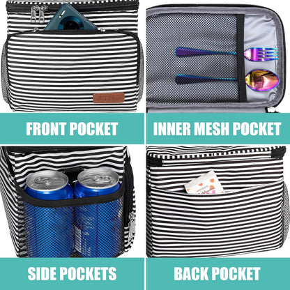 Tiblue Insulated Lunch Bag for Women/Men, Reusable Lunch Box for Office Work School Picnic,Leakproof Freezable Cooler Bag with Adjustable Shoulder Strap for Kid/Adult(Medium, Black & White Stripes)
