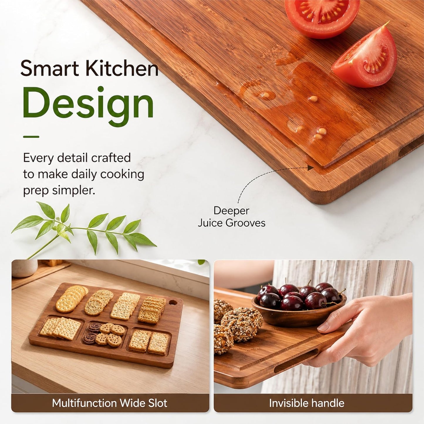 Bamboo Cutting Board for Kitchen, 3-Piece Wooden Cutting Board Set with Deep Juice Grooves, Side Handles, Non-Slip Mats, Reversible Chopping Boards for Meat, Veggies, Fruit, Cheese Serving