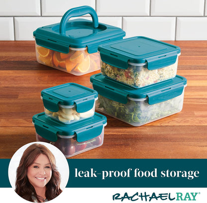 Rachael Ray Leak-Proof Nestable Container Food Storage Bin Set, 10-Piece, Clear with Teal Lids