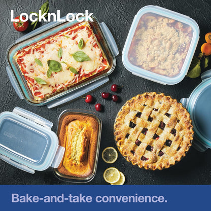 LOCK & LOCK LocknLock Purely Better Glass Round Pie Baking Dish/Food Storage Container with Lid, 9.5 Inch, Clear