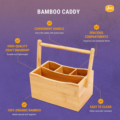 YBM HOME Bamboo Flatware Utensil Caddy with Napkin Holder and Handle, Wood Picnic Basket for Kitchen and Camping Trip, 336