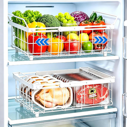 Freezer Organizer Bins 6 Pack: Wire Basket Stackable Storage Containers Expandable 11.81" to 17.72" with Foldable Handles for 5+ Cu.FT Fridge Cabinet Shelves Pantry Kitchen White