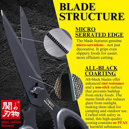 CANARY Japanese Kitchen Scissors Heavy Duty 8.2", Made in JAPAN, Dishwasher Safe Come Apart Blade, Multipurpose Kitchen Scissors, Sharp Serrated Japanese Stainless Steel, Black