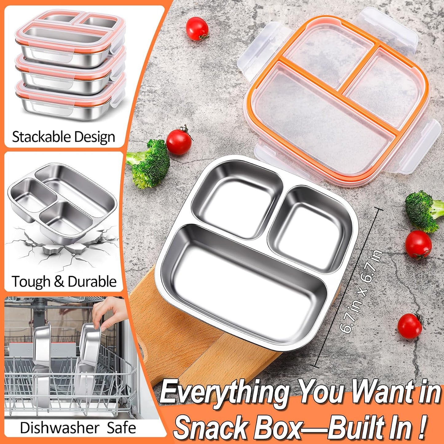 KTKUDY 3 Pack Stainless Steel Snack Containers - Kids Lunch Containers with 3 Compartment - Divided Meal Prep Bento Box for Kids Daycare, School, Work, Travel