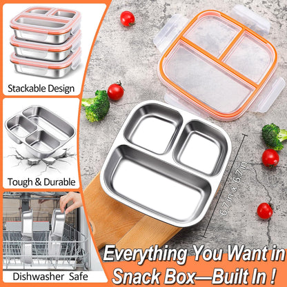 KTKUDY 3 Pack Stainless Steel Snack Containers - Kids Lunch Containers with 3 Compartment - Divided Meal Prep Bento Box for Kids Daycare, School, Work, Travel