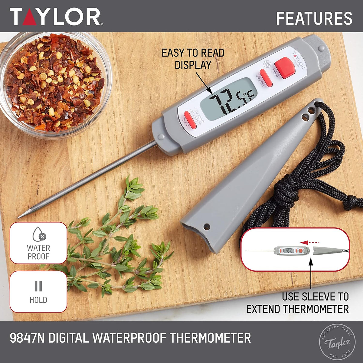 Taylor Digital Instant Read Waterproof Meat Thermometer with Backlight