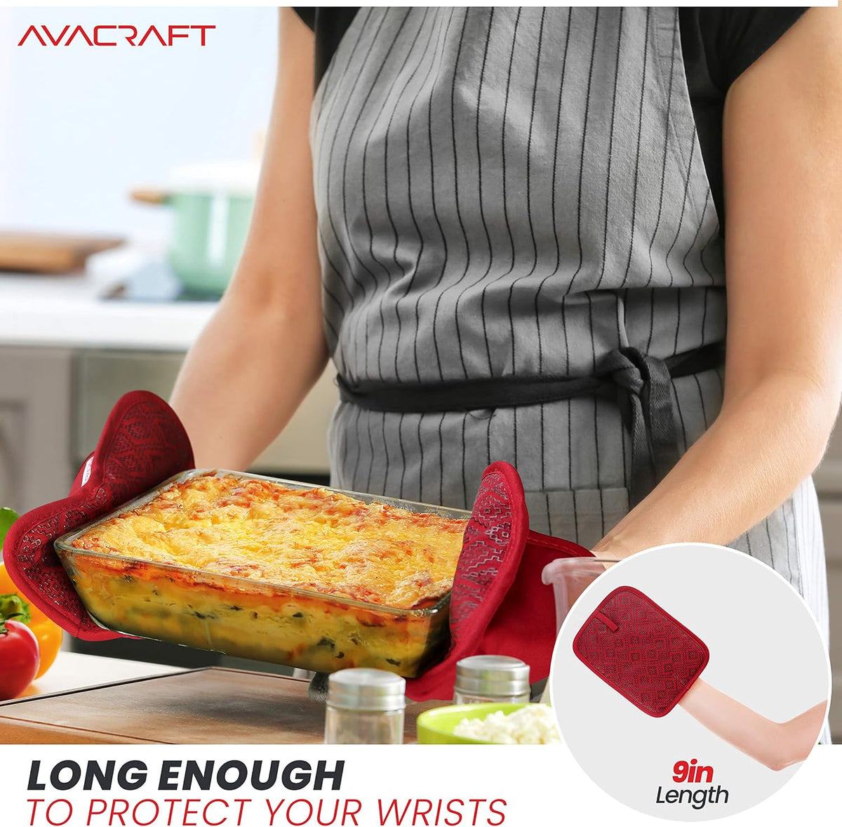 AVACRAFT Oven Mitts Pair, Flexible, 100% Cotton with Unique Heat Resistant Food Grade Silicone, Thick Terry Cloth Interior, 500 F Heat Resistant (Red Oven Mitts)
