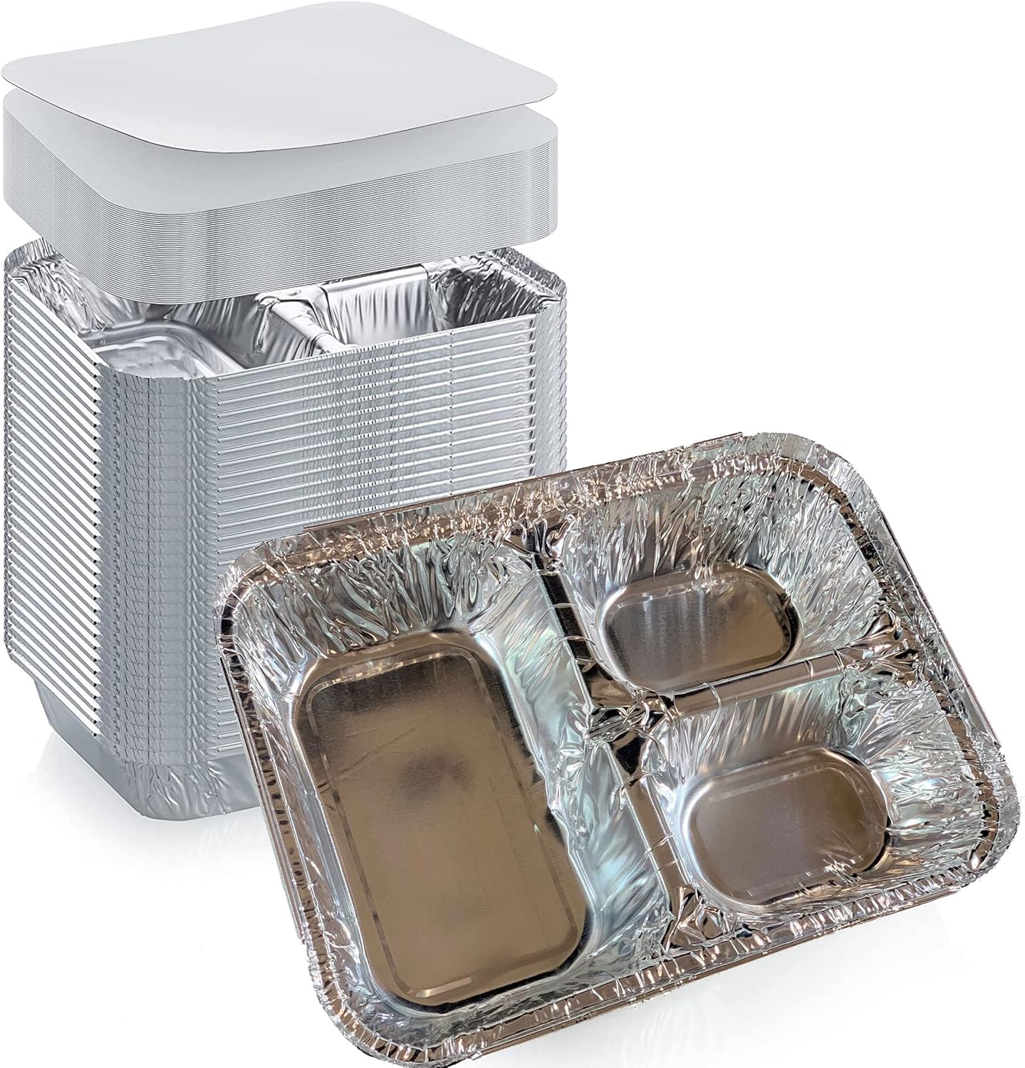 Disposable Aluminum Foil Tray with Paper Board Lids (Case of 250 sets) – L 8 1/2" x W 6 1/2" x H 1 1/2" 3-Compartment Foil Pan