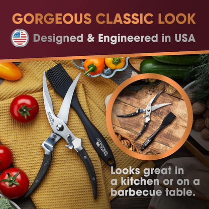 Heavy Duty Poultry Shears - Professional Stainless Steel Kitchen Scissors for Bone, Chicken, Meat, Fish & Vegetables - Spring Loaded (Stainless Steel handles)