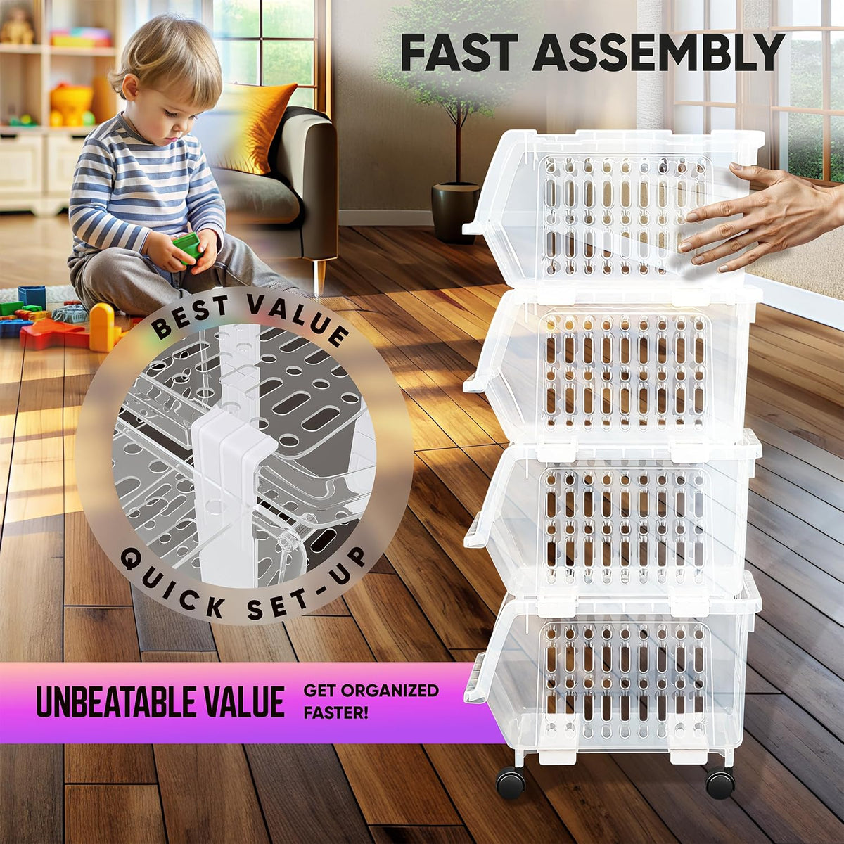 Large Stackable Storage Bins Open Front with Wheels, 4 Pack - Clear | Easy Assembly, Sturdy Plastic, Open Front Access, Smooth Rolling Wheels, Stackable, Large Capacity Storage