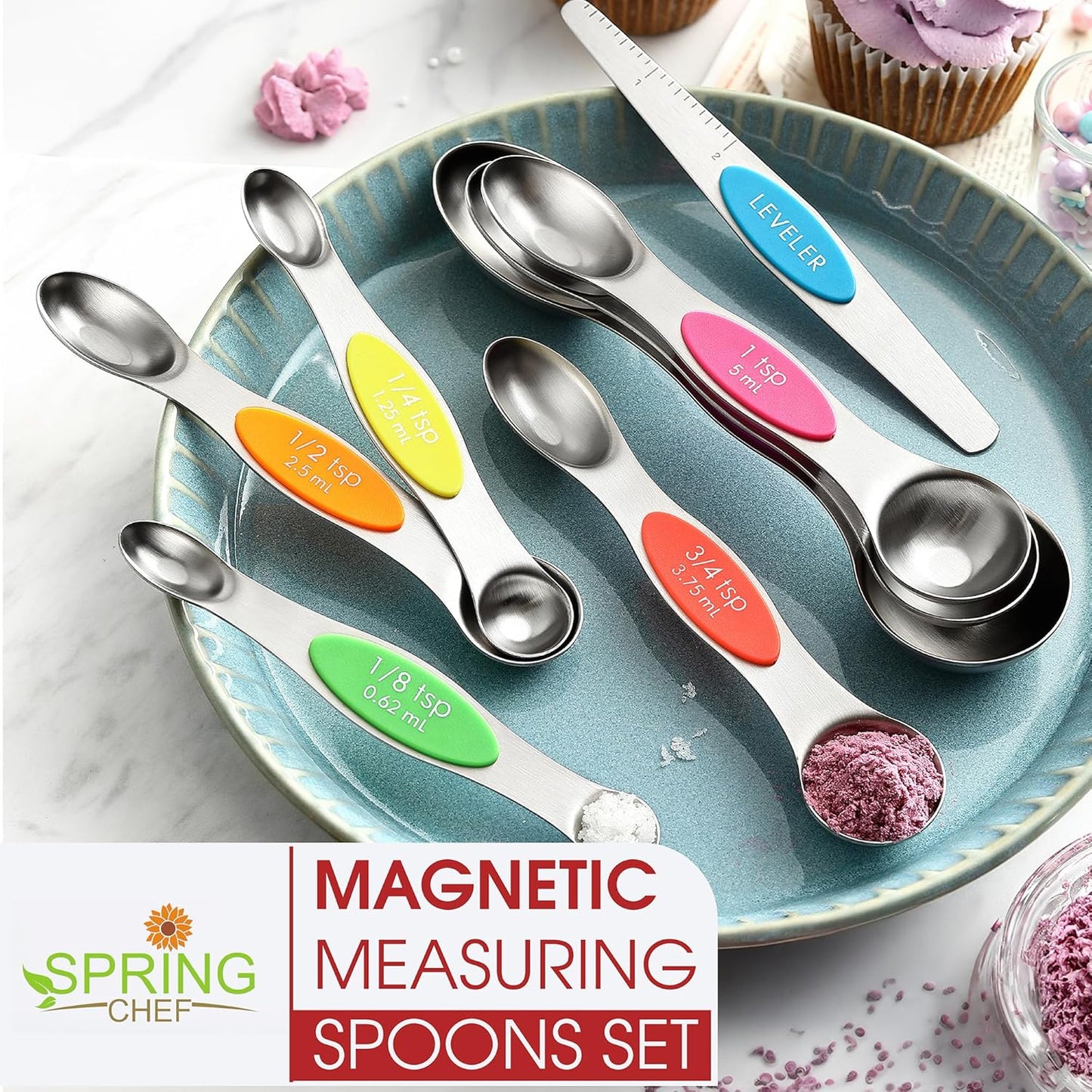 Spring Chef Stainless Steel Magnetic Measuring Spoons Set with Strong N45 Magnets, Heavy Duty Metal Kitchen Gadgets for Baking & Cooking, Fits in Most Kitchen Spice Jars, Set of 8 with Leveler, Black