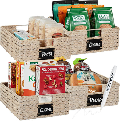 Best Choice Products Set of 4 9x12in Water Hyacinth Pantry Baskets, Woven Organizers w/Chalkboard Label, Chalk Marker - Natural