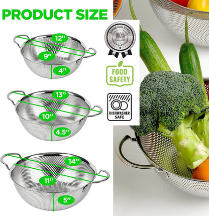 Premium 18/8 304 Stainless Steel Micro-Perforated Small and Big Colander Set of 4 with rings - 3.5-5.5-7.5-9.5 Quart Set, Self-Draining Solid Base for Pasta, Fruits, Vegetables