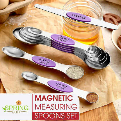 Spring Chef Stainless Steel Magnetic Measuring Spoons Set with Strong N45 Magnets, Heavy Duty Metal Kitchen Gadgets for Baking & Cooking, Fits in Most Kitchen Spice Jars, Set of 8 with Leveler, Black