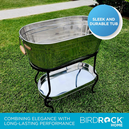 BIRDROCK Home Stainless Steel Beverage Tub with Stand - Bottom Tray - Ice Bucket - Party Drink Holder - Wooden Handles - Outdoor or Indoor Use - Free Standing
