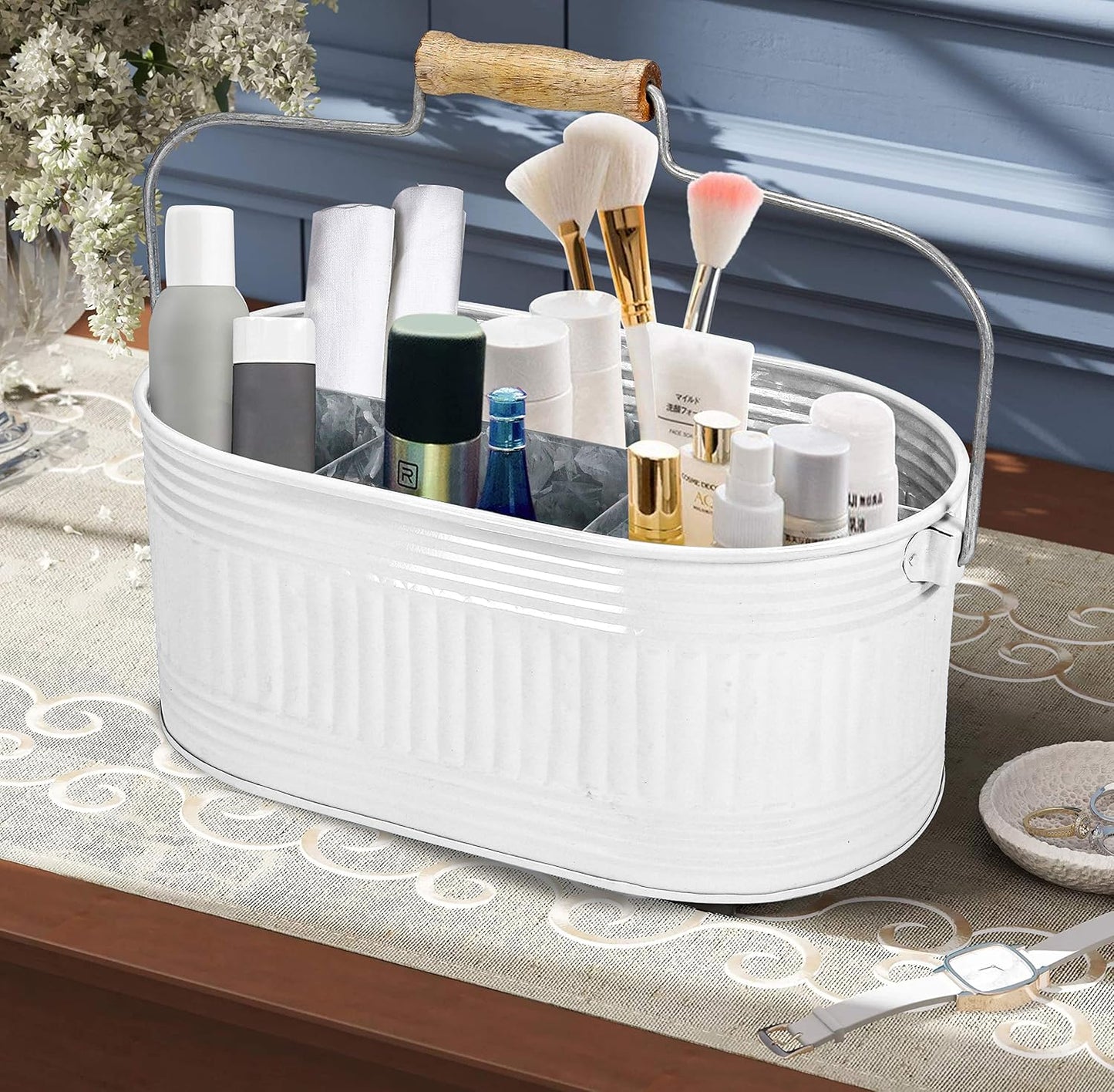 Alpha Living Home Galvanized Metal Utensil Caddy - Rustic Farmhouse Organizer Metal Garden Caddy with 4 Compartments and Wooden Handle for Kitchen, Buffet & Outdoor Events (Silver)