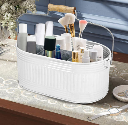 Alpha Living Home Galvanized Metal Utensil Caddy - Rustic Farmhouse Organizer Metal Garden Caddy with 4 Compartments and Wooden Handle for Kitchen, Buffet & Outdoor Events (Silver)