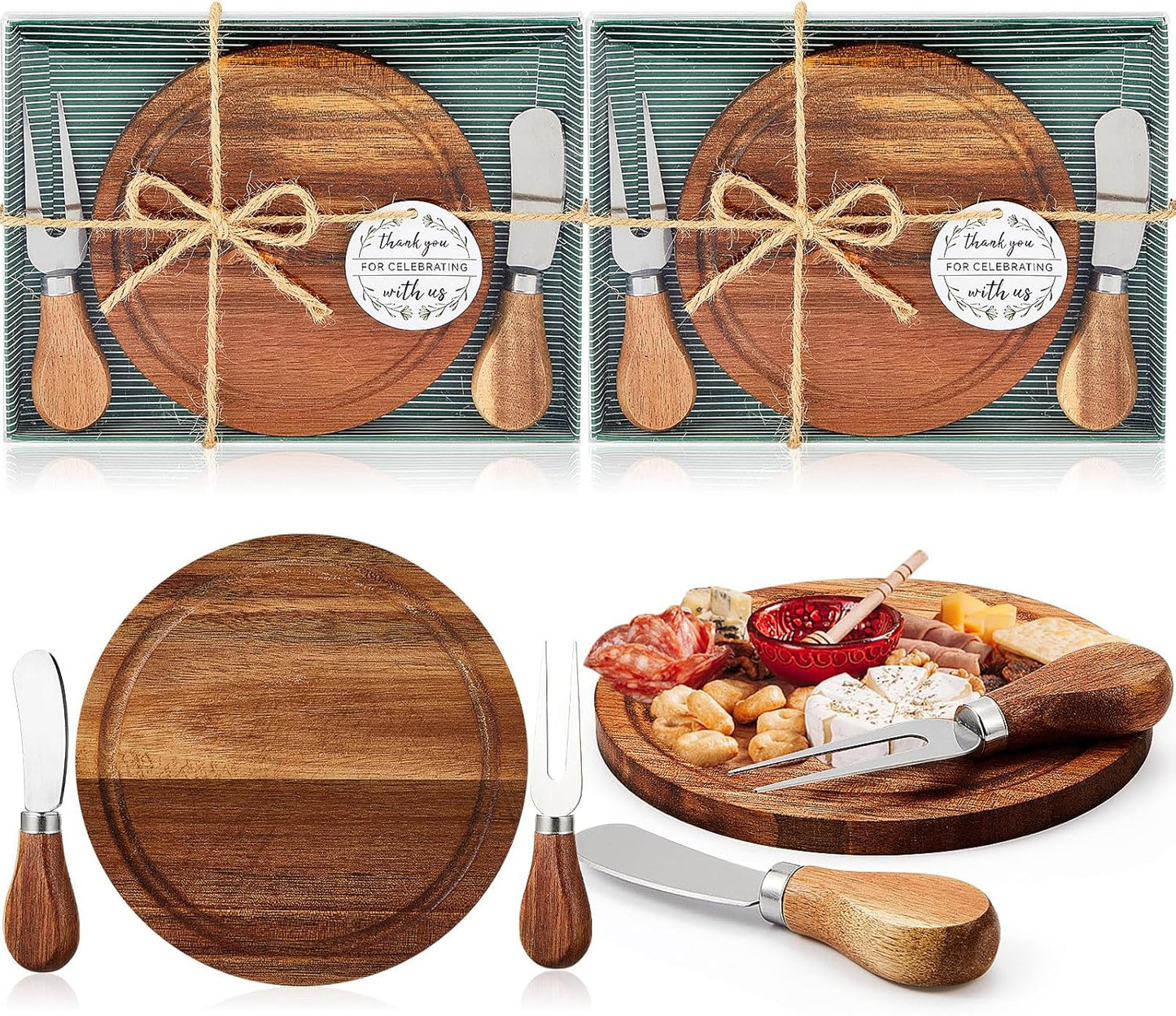 Maxcheck 6 Sets Baby Shower Bridal Game Prizes for Winners Round Cheese Board Set Wood Mini Charcuterie Board with Knives and Forks Thank You Card with Gift Box for Guests Wedding (Bamboo)