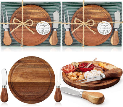 Maxcheck 6 Sets Baby Shower Bridal Game Prizes for Winners Round Cheese Board Set Wood Mini Charcuterie Board with Knives and Forks Thank You Card with Gift Box for Guests Wedding (Bamboo)