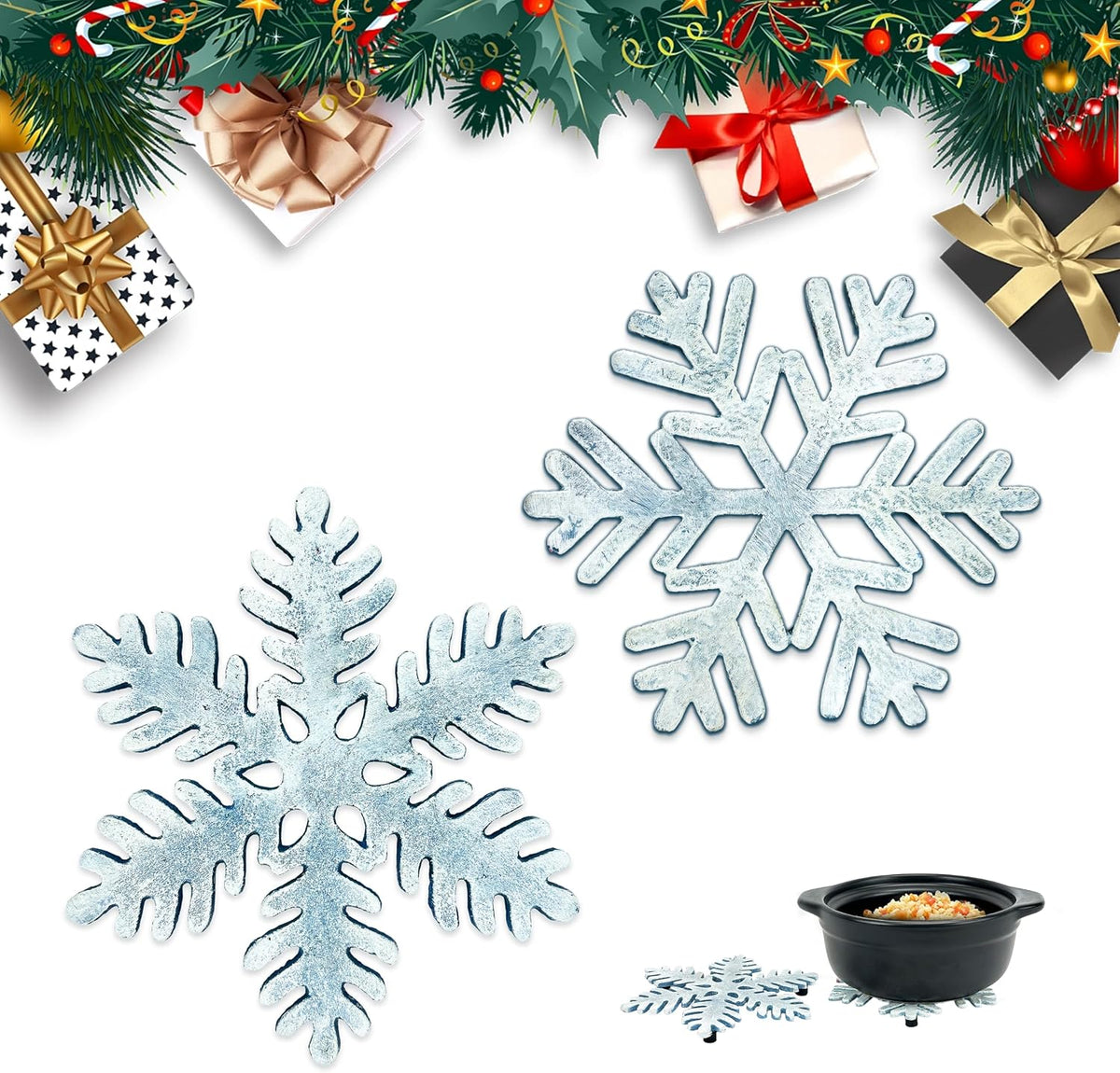 Cast Iron Trivet, 7.28 inch Metal Trivet for Hot Dishes, Heat-Resistant Decorative Trivets to Protect Dining Countertop or Kitchen Decoration with 2 Silicone Mini Pinch Mitts