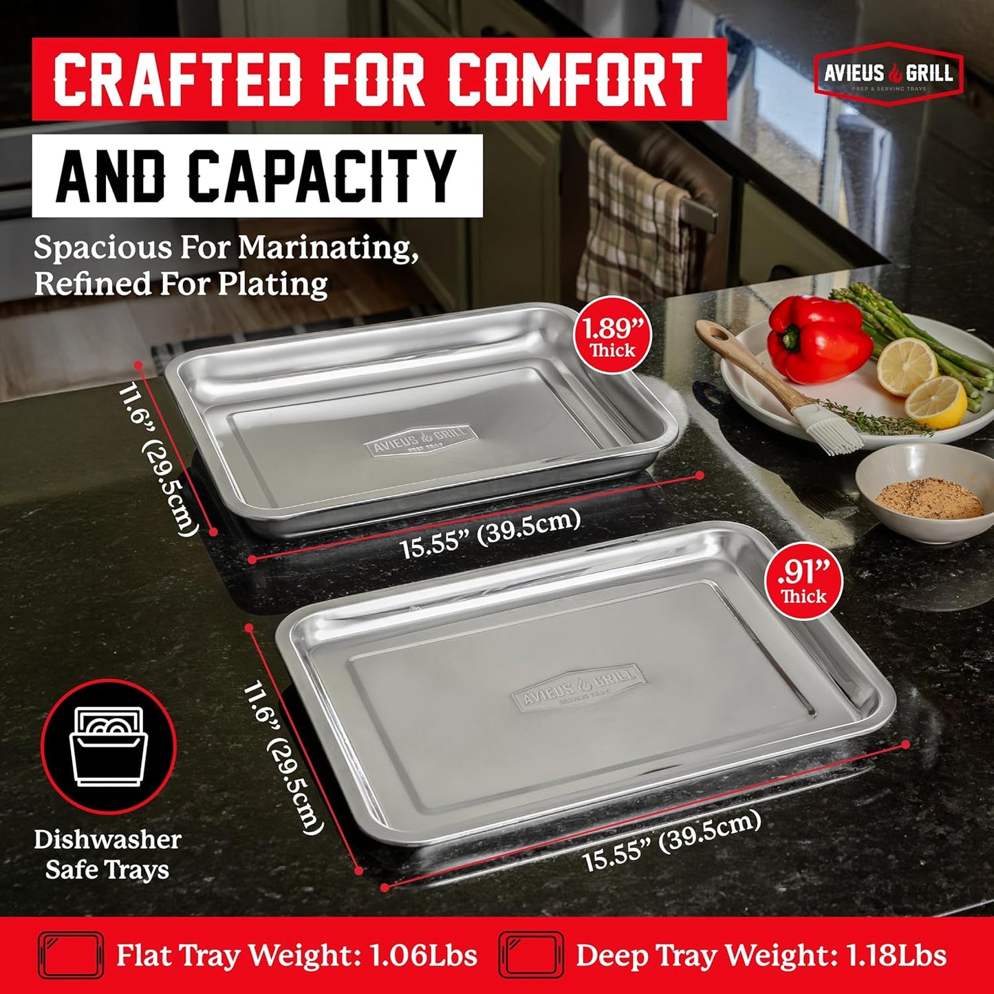 AVIEUS Grill Prep and Serve Trays | Set of 2 Stackable, Melamine Trays | Serving Tray & Marinating Tray | Serving Platter for Plating Food & BBQ Prep Tub for Marinating Meats | Grill Accessories |
