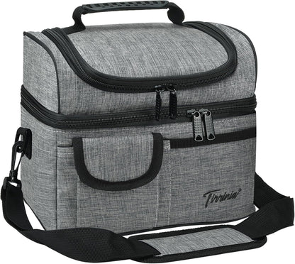 Tirrinia Reusable Lunch Box for Men Women, Insulated Lunch Bag Adult Work, Double Decker Leakproof Lunchbox for Office Picnic Beach—Dual Compartment Lunch Cooler Bag
