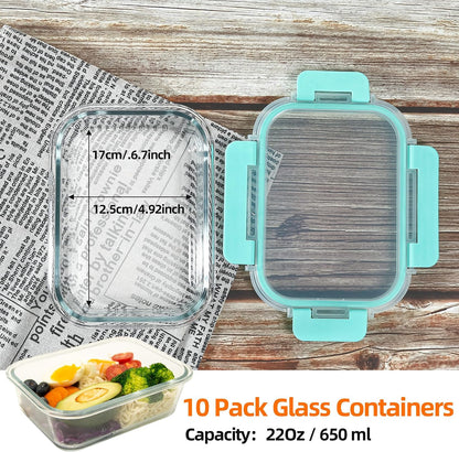 Glass Food Storage Containers 10 Pack - 22Oz Meal Prep Container Set with Lid, Airtight Snap Lock, Microwave Freezer Oven Dishwasher Safe, Lunch Box for Work, Grey