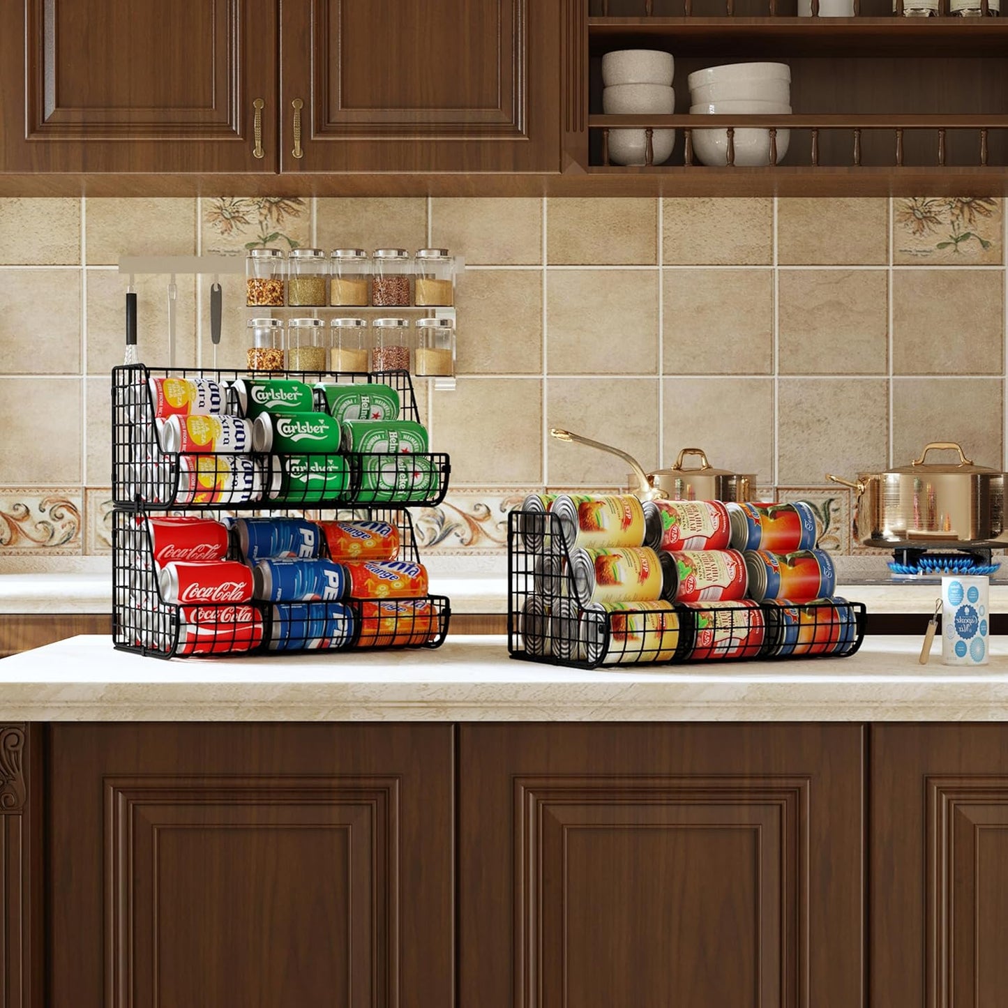 Stacking Can Dispensers 3 Tier with 3 Divider, Large Pantry Can Organizer, Beverage Drink Pop Soda Can Storage Basket, Can Holders for Pantry, Canned Food Rack Wire Bins for Kitchen Cabinet (3-Pack)