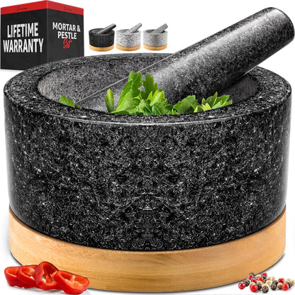PriorityChef Heavy Duty Mortar and Pestle Set with Bamboo Base, 100% Natural Granite Stone Grinder, Guacamole Bowl and Masher, 1.5 Cups, Black