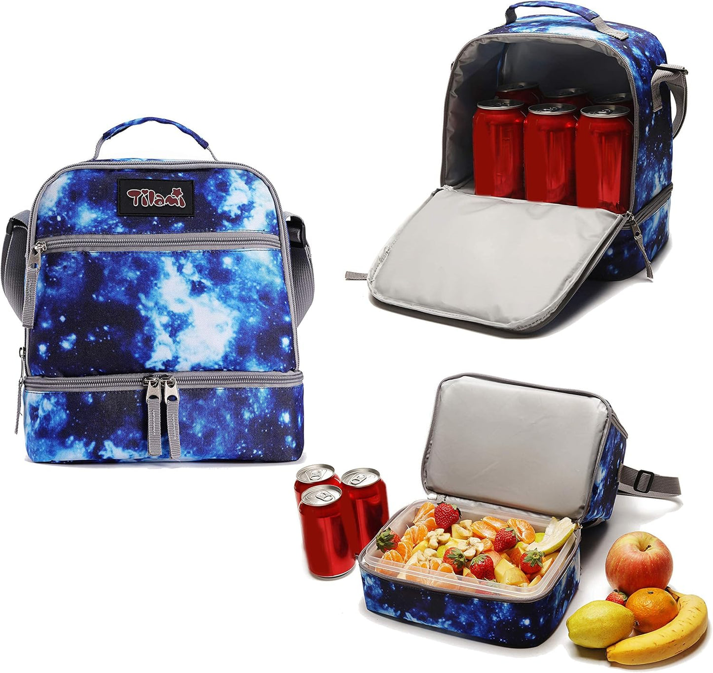 Tilami Lunch Bags Insulated Adjustable Strap Zipper, Two Compartments Cooler Bags, Bento Bags for Kids Toddlers (Blue)